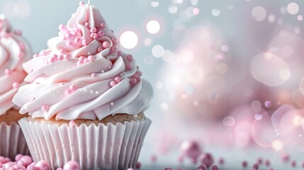 Poster -   Two pink cupcakes with white frosting and pink sprinkles on a blue and pink backdrop