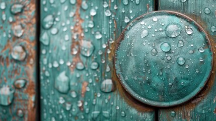 Wall Mural -   A photo of a wooden door with drops of water on its surface and a corroded metal handle