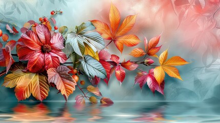 Wall Mural -   A painting of vibrant red and gold leaves hanging from a tree over serene water, set against a backdrop of stunning blue sky