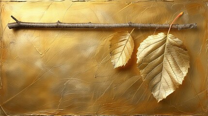   A painting of a golden leaf and twig on a piece of shimmering gold foil