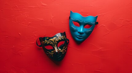 Two masquerade masks on a red background. The mask on the left is black with gold embellishments. The mask on the right is blue.