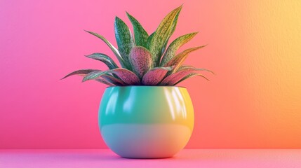 Wall Mural - A small green plant is in a colorful vase on a pink background