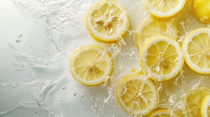 Wall Mural - Freshly sliced lemons with splashes of water, top view. Ample copy space on the botto