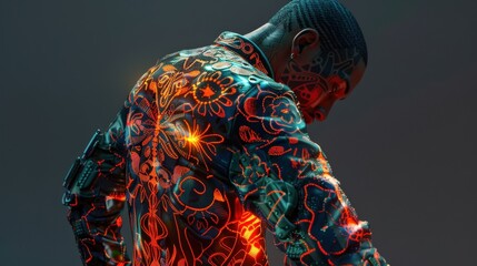 Poster - The individual displays intricate glowing patterns on their clothing, highlighting creativity and artistic expression in a captivating environment