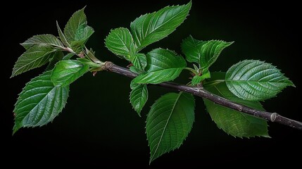 Wall Mural -   A black tree branch with green leaves on a lighter reflected background