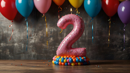 Number 2 Candle on a Birthday Cake, Celebrating 2nd Year with Balloons and Party Decorations