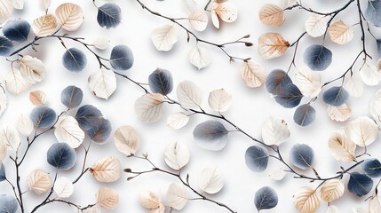 Wall Mural -   A close-up shot of a pile of white leaves, featuring blue and gold hues on their reverse side