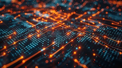 Abstract tech background featuring illuminated fiber optic connections, a quantum computing network system, and global electronic intelligence.