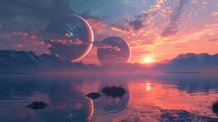 Two planets reflecting on a calm lake (close up, sky marvel, realistic, Silhouette, Lakeside)