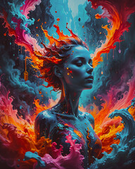 Wall Mural - A painting of a woman with a fiery background and the word fire on it, 3d rendering