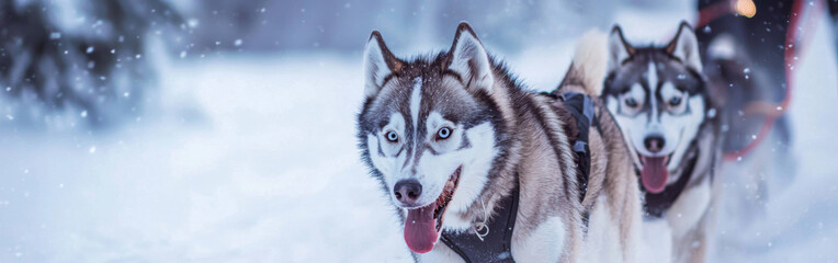 Wall Mural - Two huskies pulling a sled in the snow