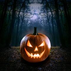 Close-up of a scary illuminated Halloween pumpkin. Background of a dark forest. 