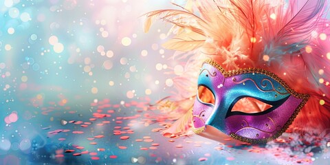 Wall Mural - A colorful masquerade mask with feathers and confetti on a bokeh background.