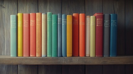 Wall Mural - A stack of well-used school textbooks with colorful spines, arranged neatly on a wooden shelf,