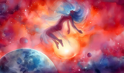 Wall Mural - A captivating watercolor painting of a woman who appears to be floating in a vibrant cosmic landscape.