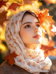 Handsome beautiful arabian girl model portrait in the fall season autumn landscape sunny day, colorful maple leafs falling on background