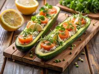 Wall Mural - Freshly baked zucchini boats overflowing with a savory blend of smoked salmon, cream cheese, and dill, garnished with lemon slices and microgreens on a rustic wooden platter.