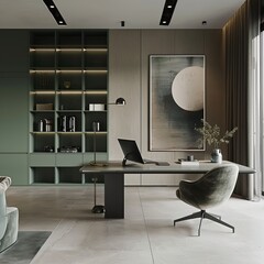 Minimalist Home Office with Clean Lines and Green Accents