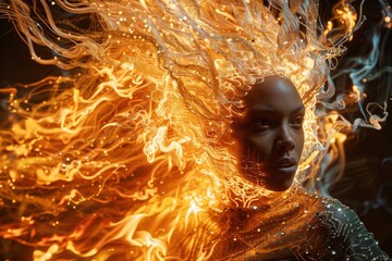 Poster - A woman with radiant hair resembling flames stands against a dark background, projecting an enchanting and surreal aura