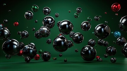 Wall Mural -   A group of black spheres suspended in mid-air against a verdant backdrop, with a pair of red and blue dots centered