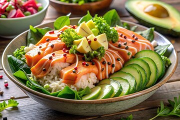 Wall Mural - Freshly prepared salmon and avocado poke bowl with succulent raw fish, creamy avocado, and a drizzle of spicy sriracha mayo, served over a bed of mixed greens.