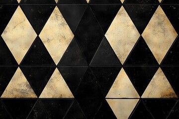 Poster - black and gold diamond pattern tiles covering a wall, showcasing geometric design with varying sizes