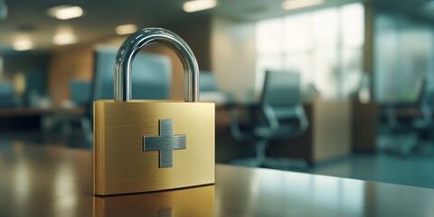 Poster - A padlock icon serves as a powerful symbol of healthcare data security within a hospital environment, emphasizing the crucial significance of effectively safeguarding sensitive patient information