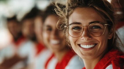 A radiant woman wearing glasses smiles warmly while sitting among friends. The focus is on her joyful expression while the group enjoys a sunny, carefree moment together.