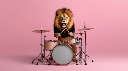 Energetic Lion Drummer Performing on Vibrant Pink Backdrop