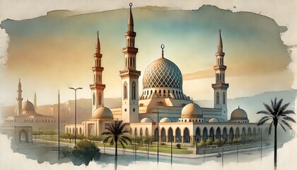 watercolor sketch of the King Fahd Mosque in Jeddah,