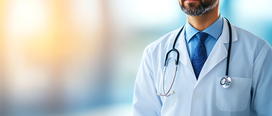 close-up of a doctor in a white coat with a stethoscope, representing medical and healthcare profess