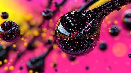 Wall Mural -   A close-up of a pink and yellow liquid droplet on a dark background with yellow speckles