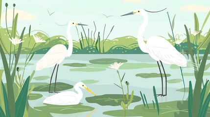 Wall Mural - Create a vector illustration of a Egrets in a wetland habitatin a kawaii style, simplified to feature fewer elements for a cleaner look, Use a color palette that is appealing to children, with bright