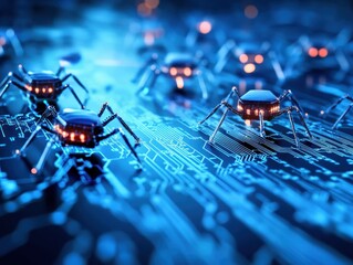 Leinwandbilder - A close-up view of miniature robots resembling spiders, navigating a complex circuit board in a futuristic, blue-lit environment.