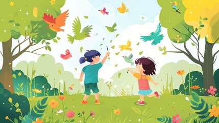 Wall Mural - Create a illustration of a Children with bird feeders in their backyardin a kawaii style, simplified to feature fewer elements for a cleaner look, Use a color palette that is appealing to child