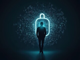 Poster - Silhouette of a person standing in front of a glowing padlock symbol, representing cybersecurity and data protection.