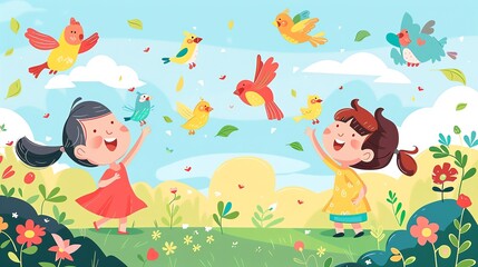 Poster - Create a vector illustration of a Children counting birds for a surveyin a kawaii style, simplified to feature fewer elements for a cleaner look, Use a color palette that is appealing to children, wit