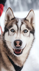 Wall Mural - A dog with a blue eye is smiling and looking at the camera
