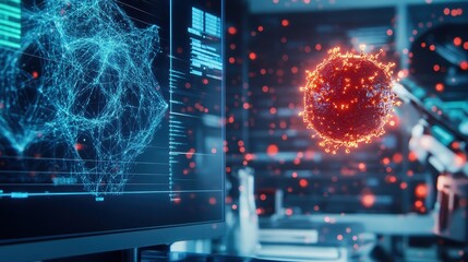 Poster - High-tech lab with digital interfaces and futuristic technology illustrating scientific innovation and data analysis.
