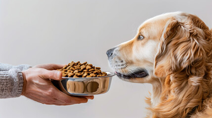 Wall Mural - A hand give a bowl of pet food to a dog.