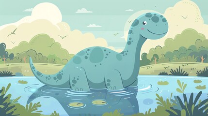 Poster - Create a vector illustration of a Brontosaurus wading in waterin a kawaii style, simplified to feature fewer elements for a cleaner look, Use a color palette that is appealing to children, with bright