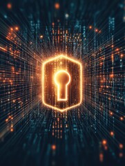 Poster - Glowing digital security lock symbol amidst a dynamic network, representing cybersecurity, data protection, and online encryption.