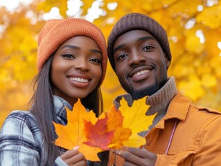 Wall Mural - Handsome lovely african woman and man couple in the fall season autumn landscape sunny day, trees and leaves background, holding colorful maple leafs