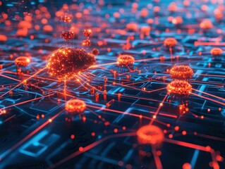 Aufkleber - Glowing digital representation of a network with nodes and connections, highlighting the concept of advanced technology and data transfer.