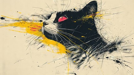 Wall Mural -   Black and White Cat with Red Eyes and Yellow Splatters