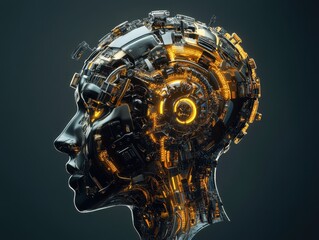 Leinwandbilder - Futuristic robotic head with intricate circuitry and glowing elements, representing advanced technology and artificial intelligence.