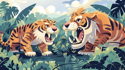 Wall Mural - Create a vector illustration of a Saber  toothed Tigers huntingin a kawaii style, simplified to feature fewer elements for a cleaner look, Use a color palette that is appealing to children, with brigh