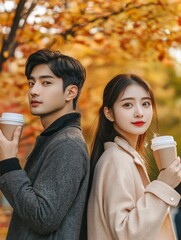 Handsome lovely asian woman and man couple in the fall season autumn landscape sunny day, trees and leaves background, holding hot paper glass with coffee