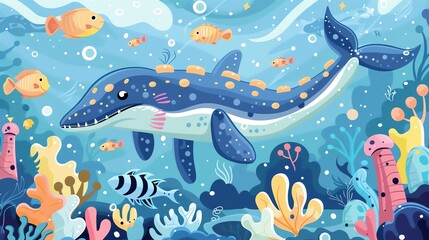 Wall Mural - Create a vector illustration of a Ichthyosaurus in a marine scenein a kawaii style, simplified to feature fewer elements for a cleaner look, Use a color palette that is appealing to children, with bri