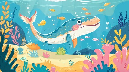 Poster - Create a vector illustration of a Ichthyosaurus in a marine scenein a kawaii style, simplified to feature fewer elements for a cleaner look, Use a color palette that is appealing to children, with bri